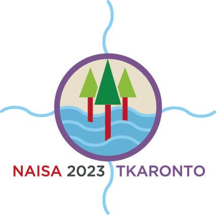 Logo featuring three green pine trees above blue wavy lines, encircled by purple, with the text "NAISA 2023 Tkaronto conference" below.