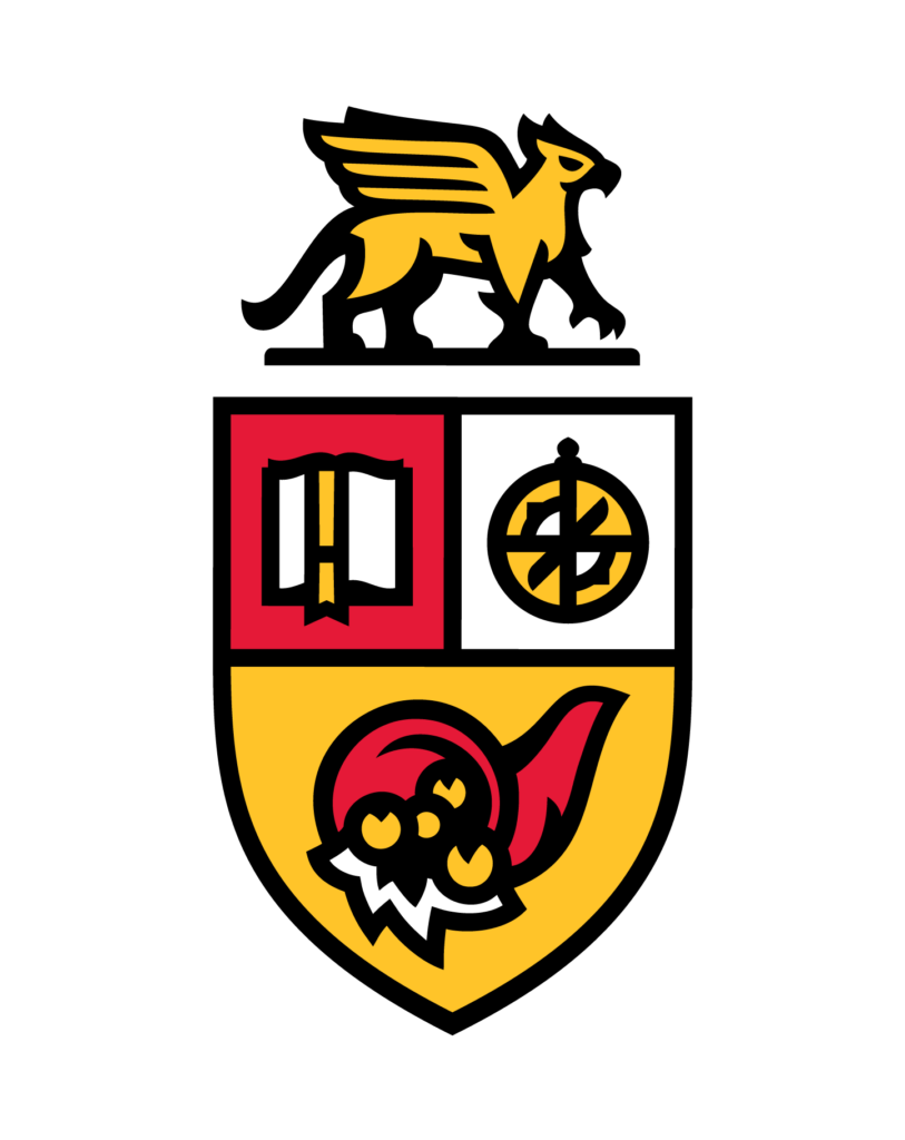 Yellow griffin above a shield with symbols.