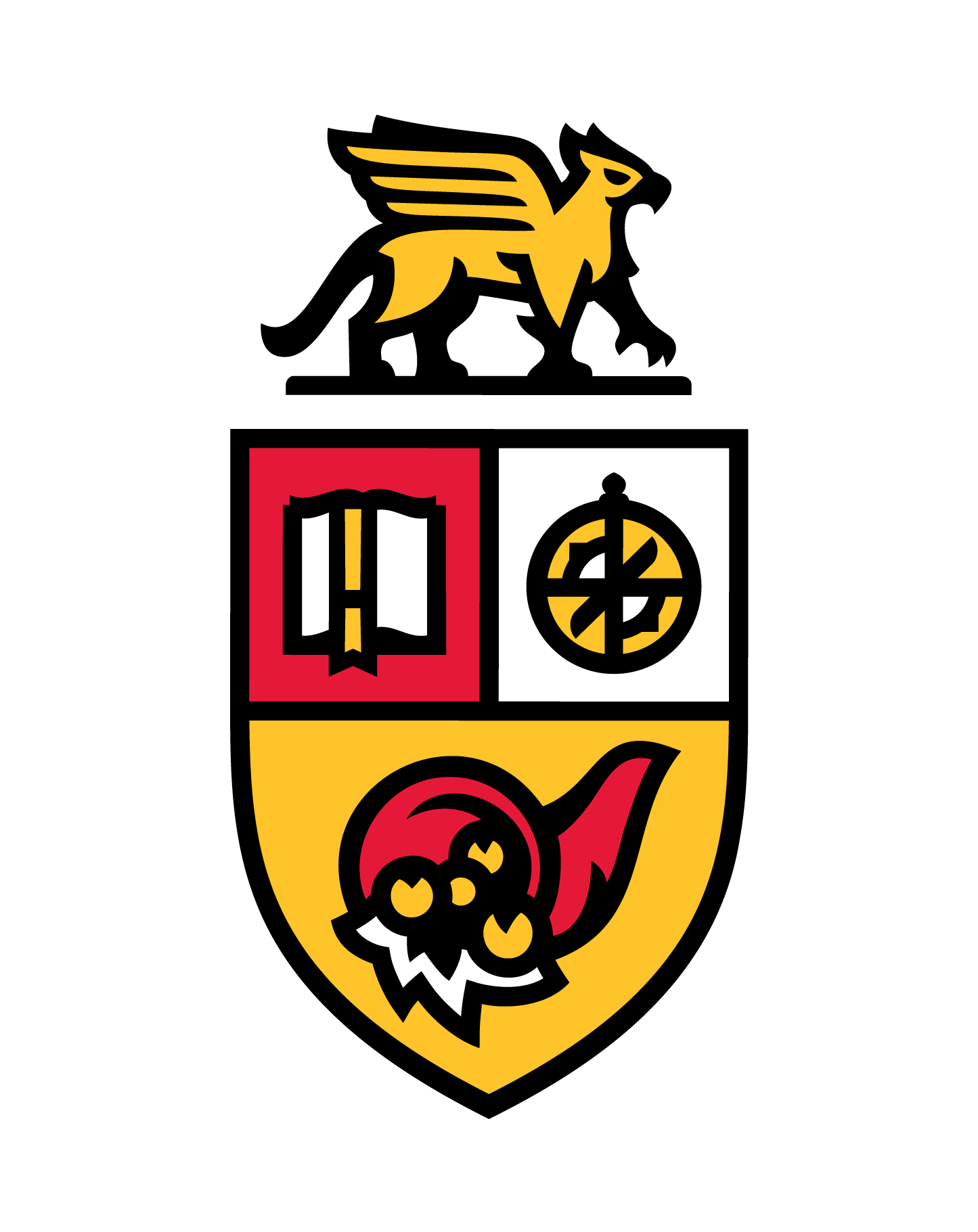 Yellow griffin above a shield with symbols.